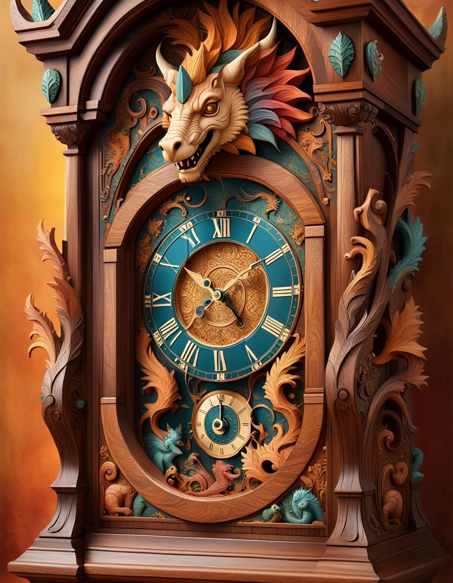 Whimsical Grandfather Clock with Carved Magical Creatures