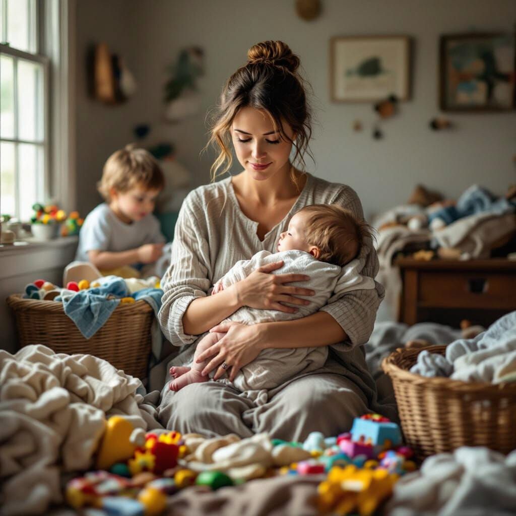 Tired Mom Holds Baby Amidst Household Chaos