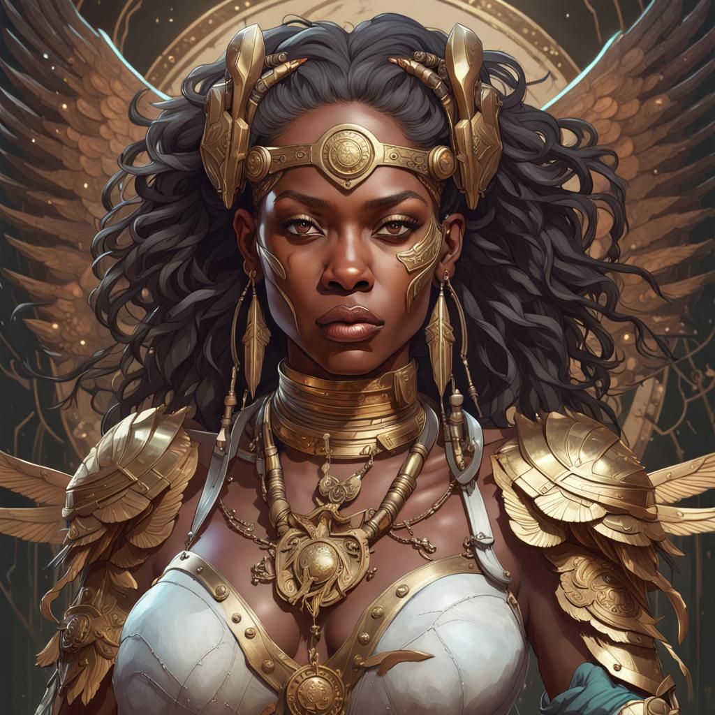 African Goddess with Metallic Rivers and Iron Wings