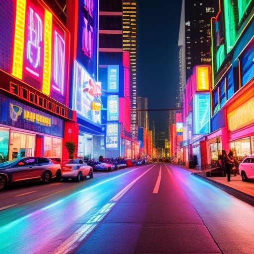 Neon Cyberpunk City Street with Crying Cyborg