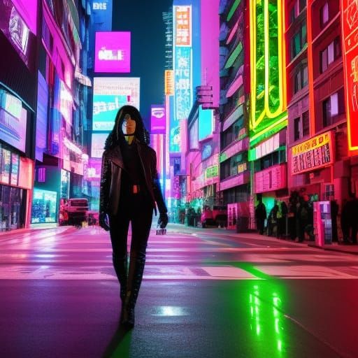Neon Cyberpunk City Street with Cyborg Woman