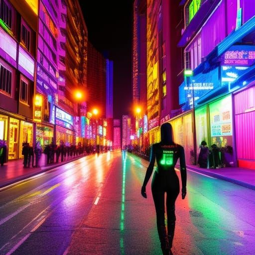 Neon Cyberpunk Cityscape with Cyborg Woman