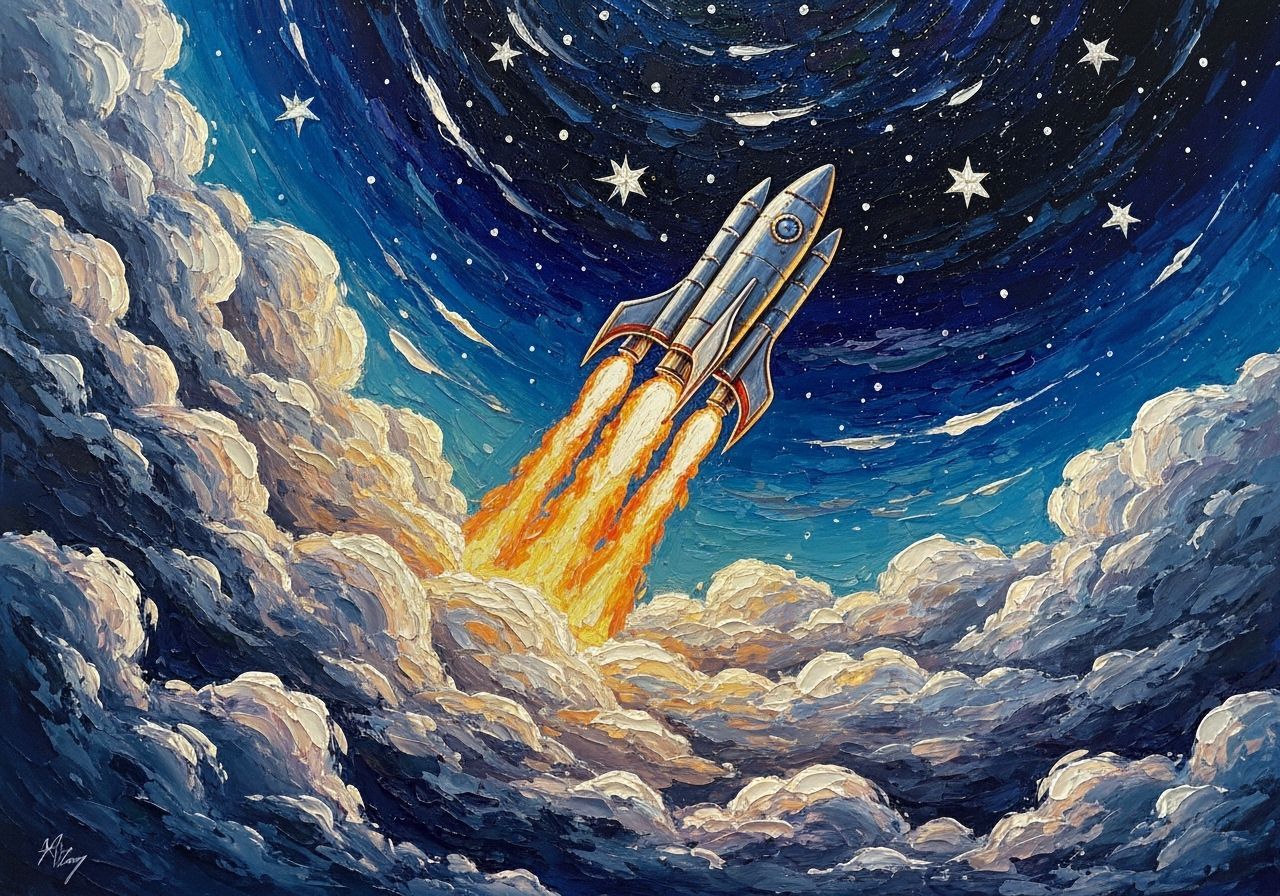 Rocket Blasts Off Through Clouds into Starry Sky in Impasto ...