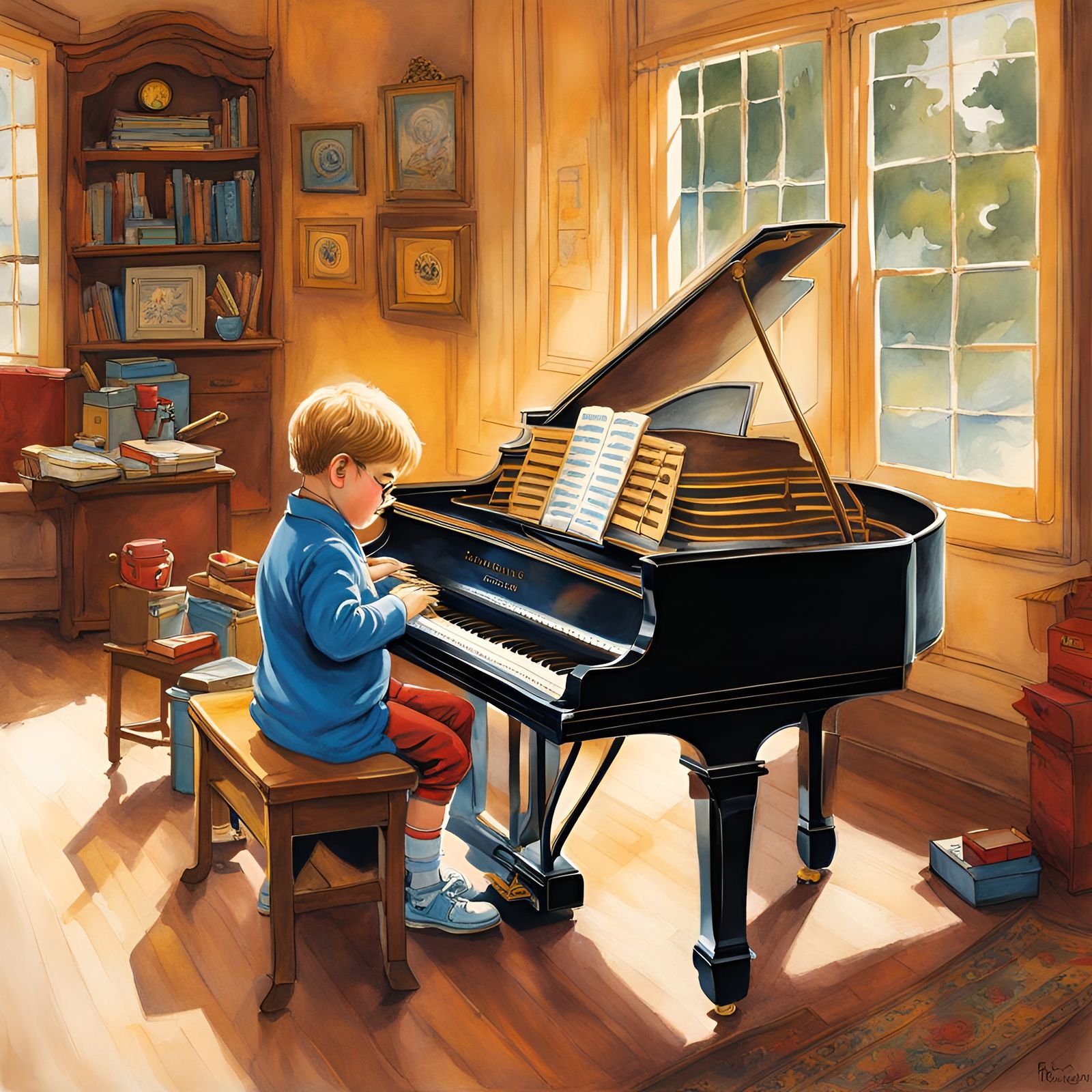 Young Elton John at Piano, Storybook Illustration