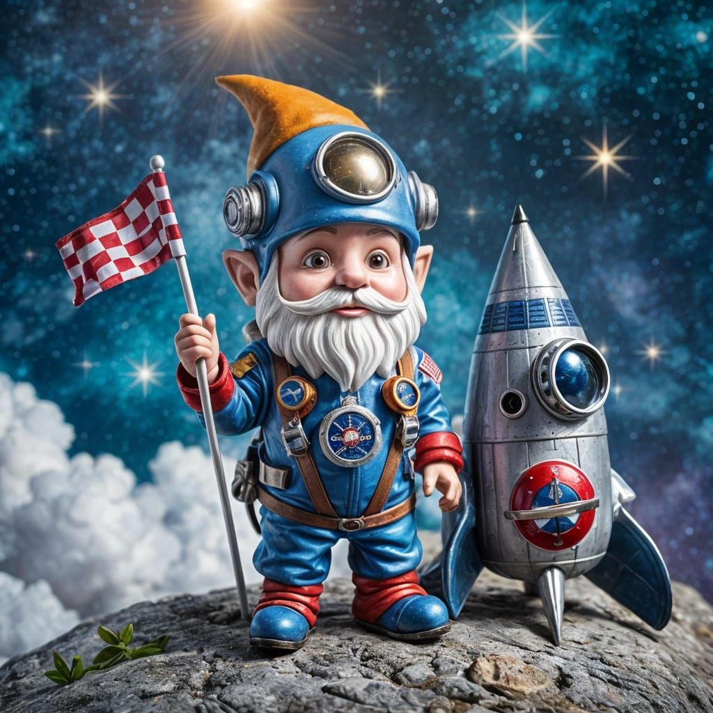 Gnome Astronaut Illustration with Rocket and Starry Sky