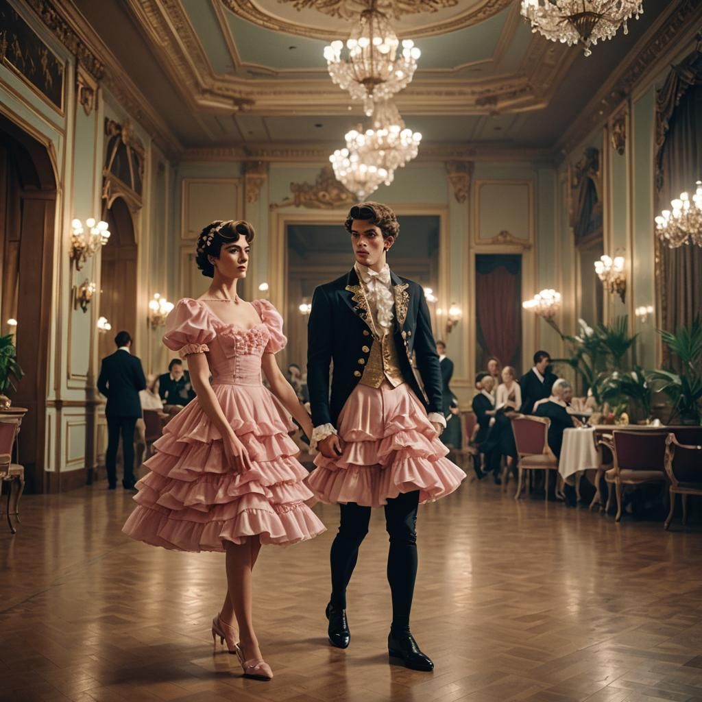 Muscular Boy Crossdressing in Ballroom: Cinematic Film Still