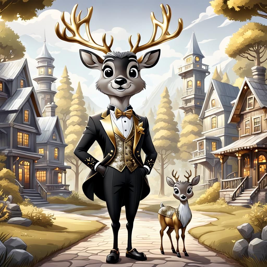 Cartoon Deer in Gold Tuxedo, Vintage Animation Style