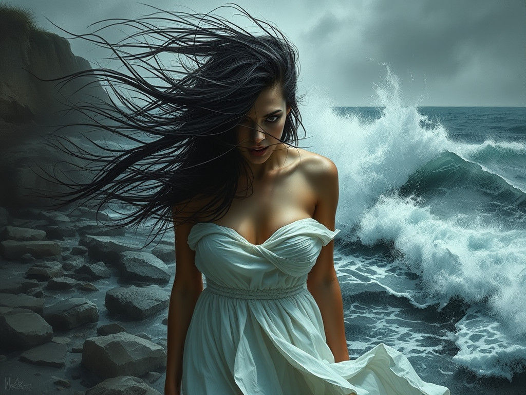 Woman in Stormy Sea, Expressive Digital Art