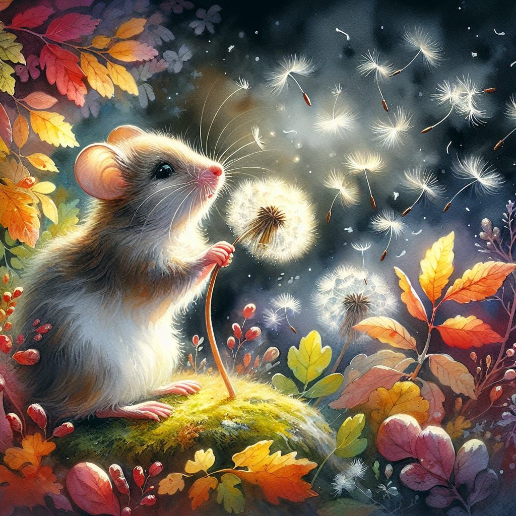 Mouse with Dandelion Seeds in Watercolor Autumn