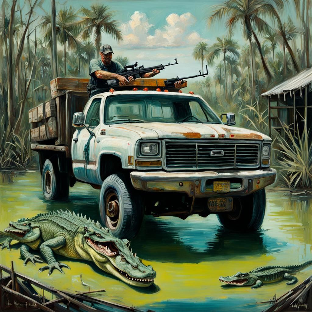 Florida Man's Truck: Guns, Gator, Meth - Hyperrealistic Art