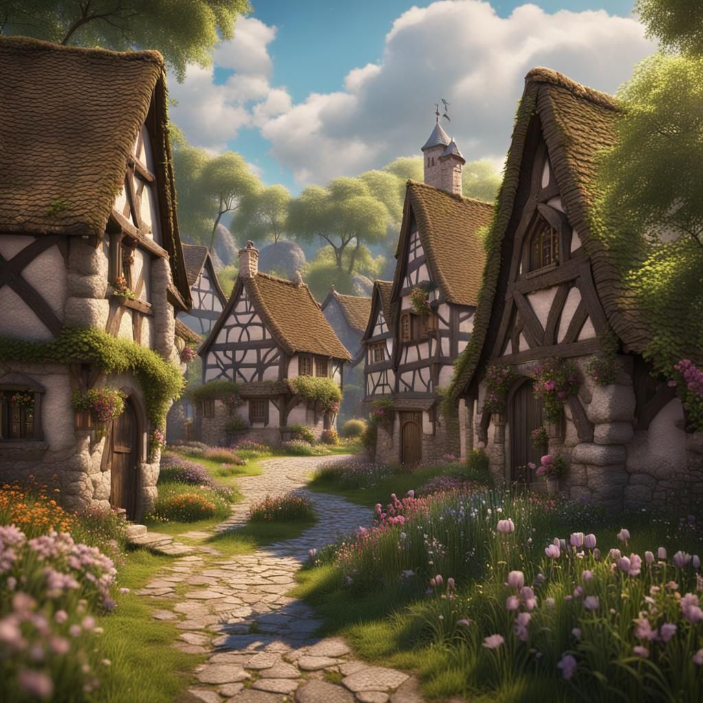 Celtic Village Scene in Spring: Fantasy Art