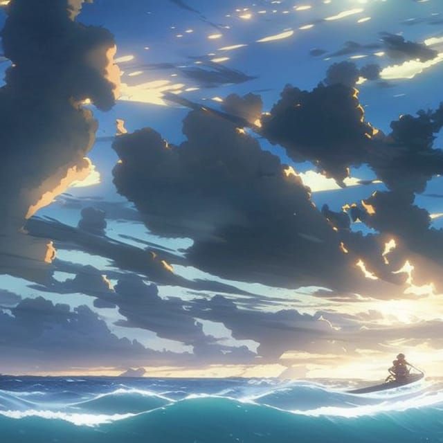 Boat on Open Sea in Ghibli Anime Style
