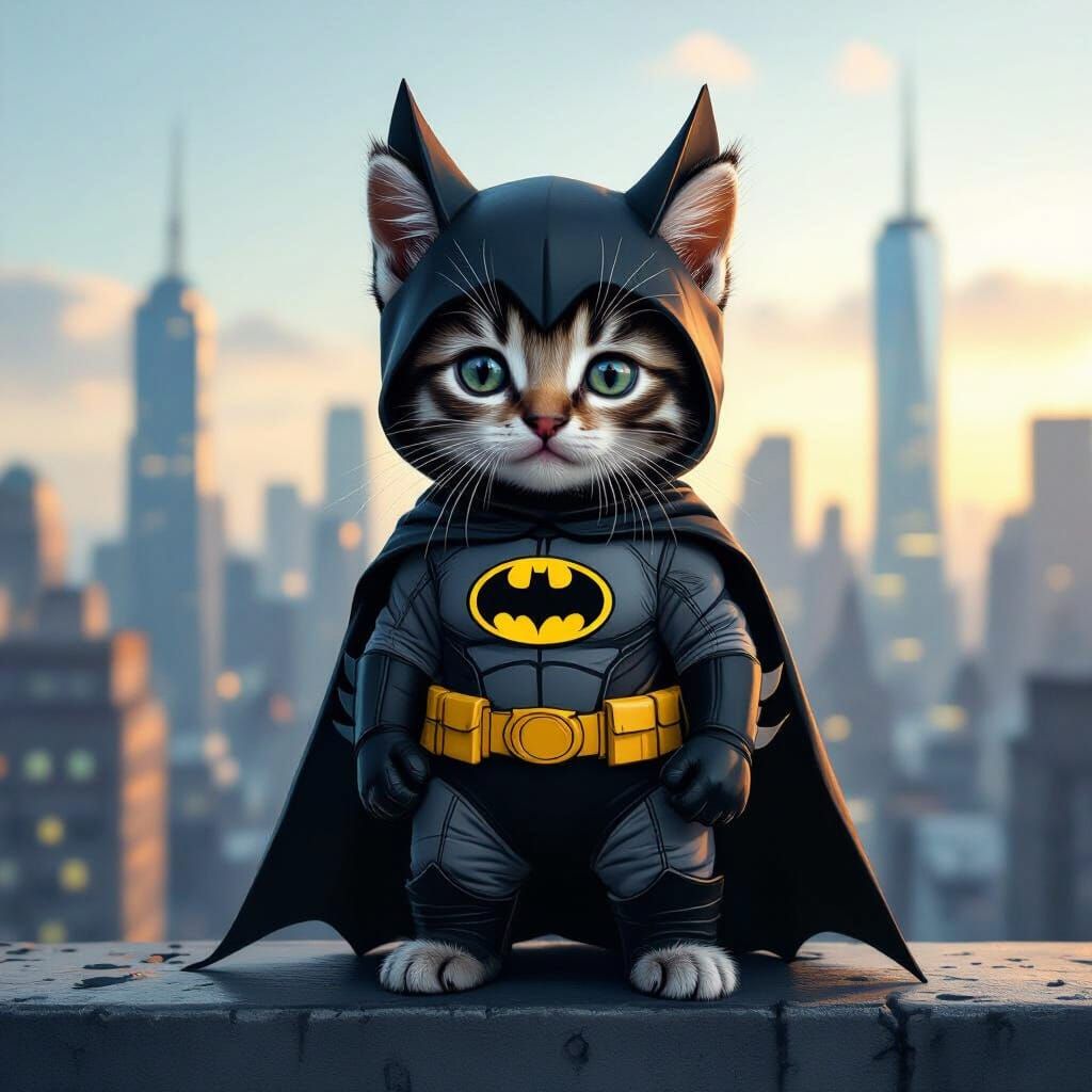 Kitten in Batman Costume on Gotham Rooftop