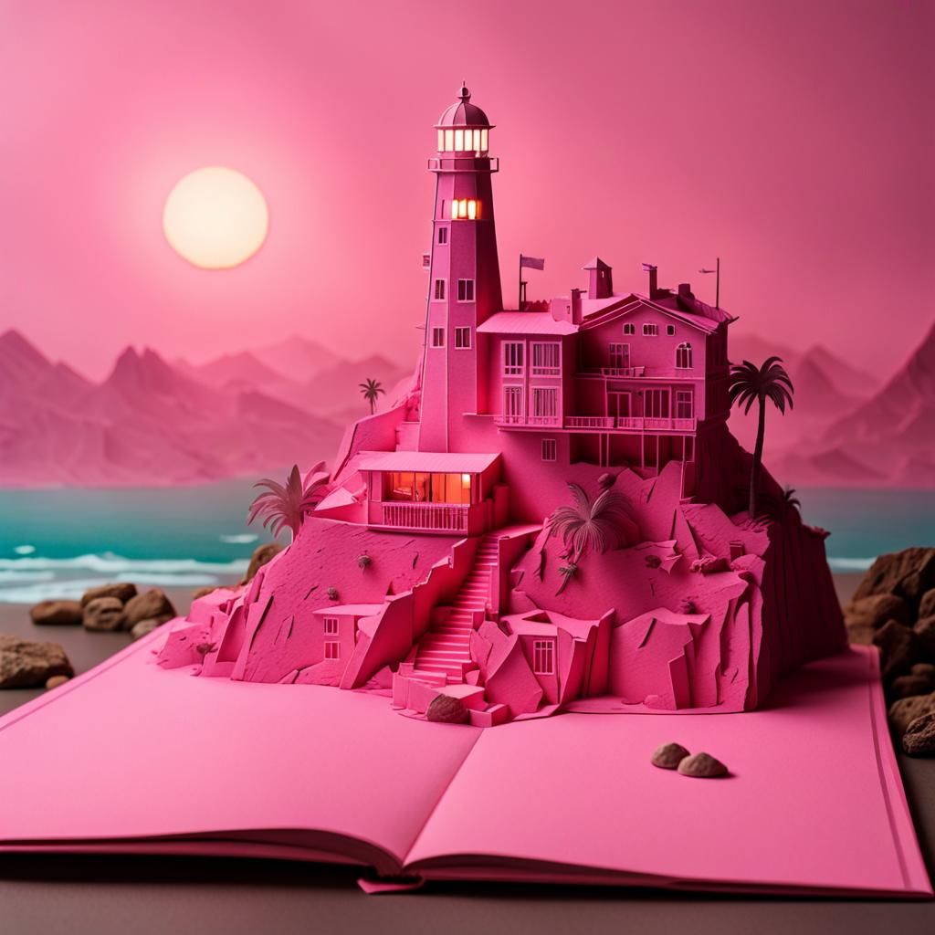 Pink Hotel and Lighthouse in Wes Anderson Style
