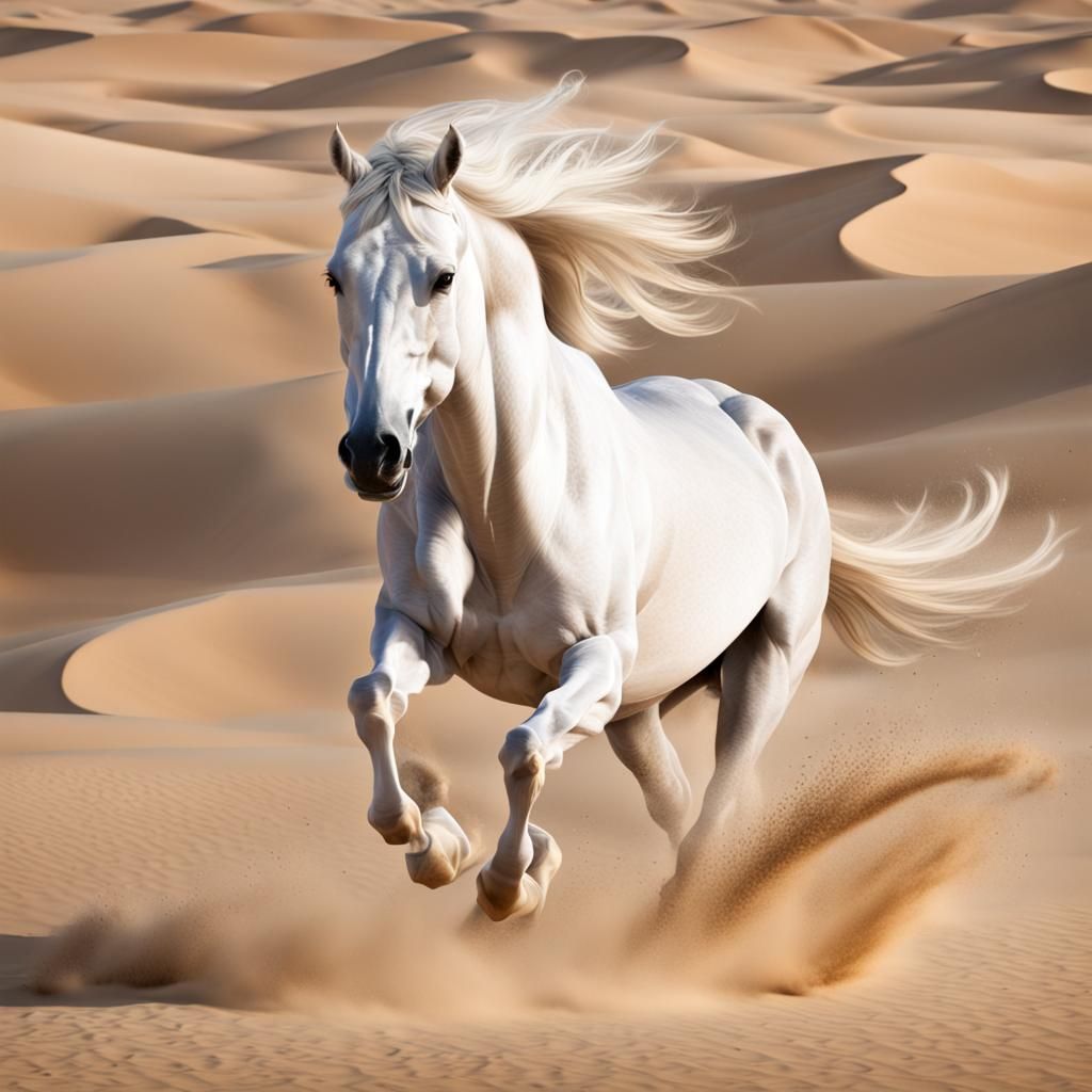 White Horse Galloping Across Desert Sands