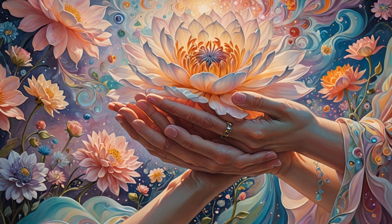 Surreal Hands Cradle Blooming Flower Dreamscape