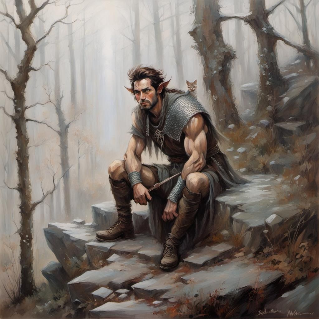 Tired half-elf with a kitty