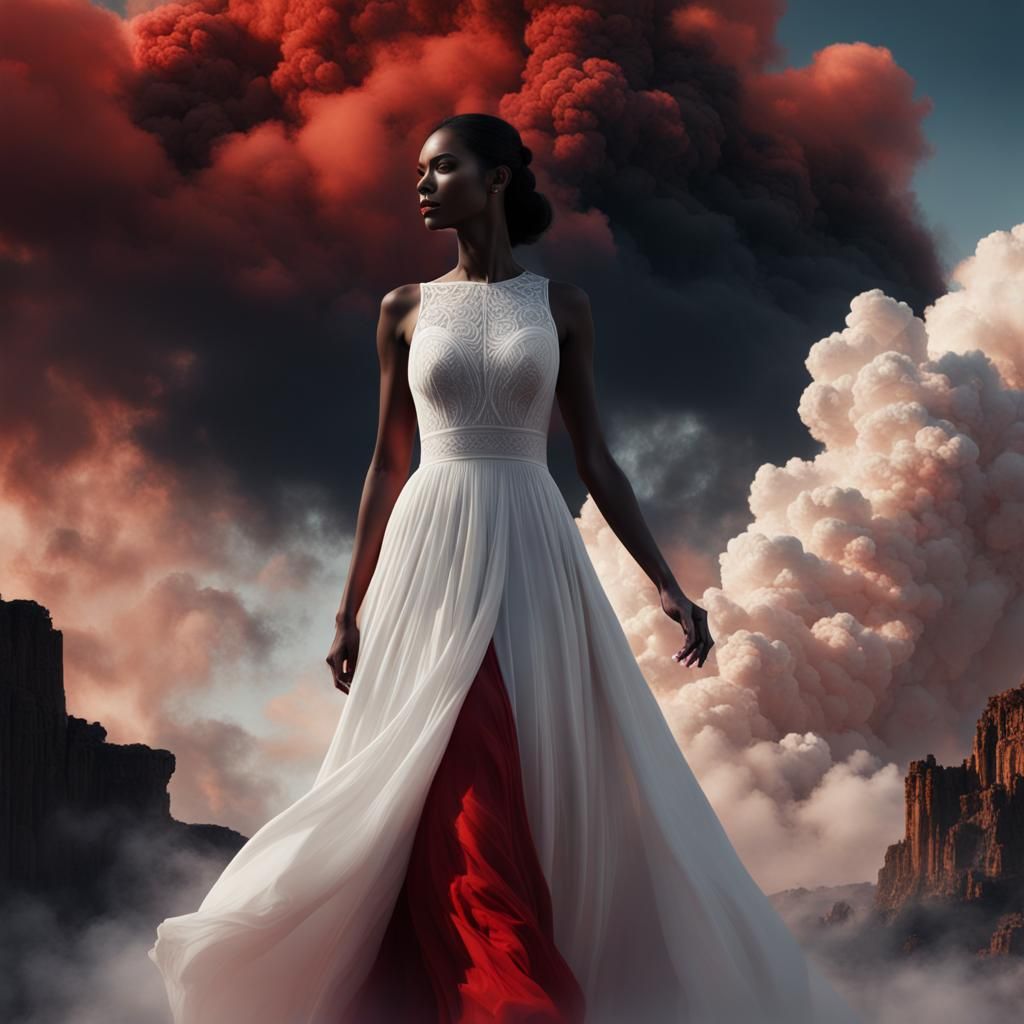 Woman Silhouette Merging with Red Clouds, Digital Art