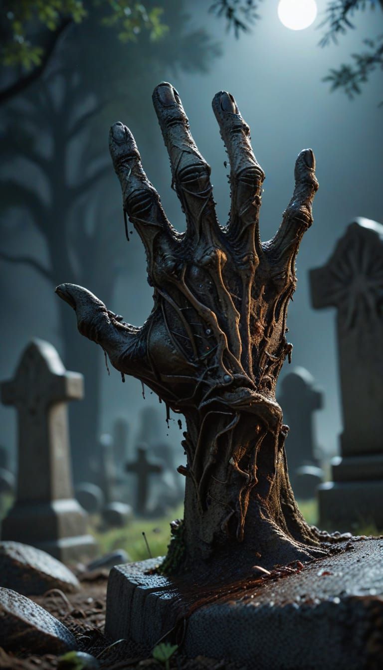 Zombie Hand Rises From Graveyard Ground at Night