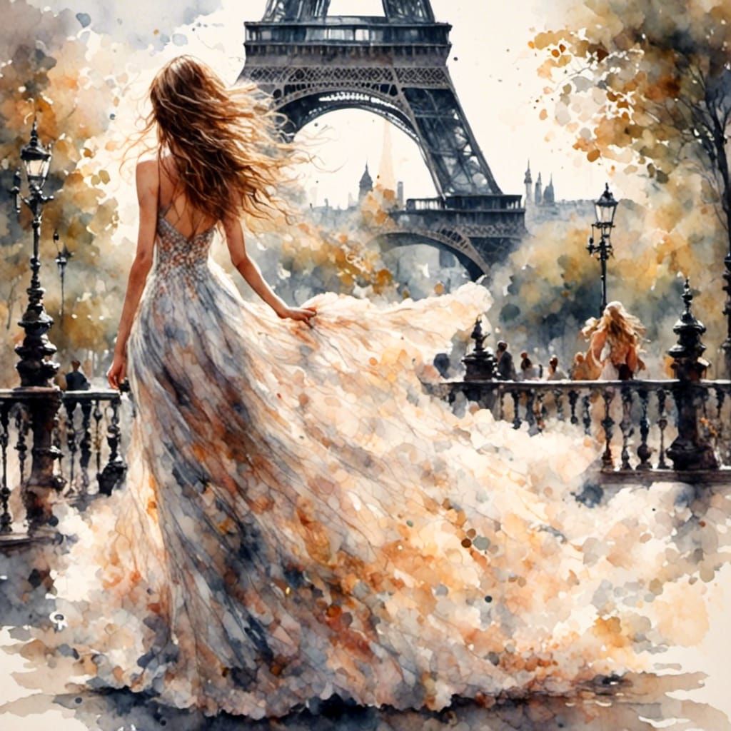 Exotic Women Sightseeing in Paris, Antique Watercolor