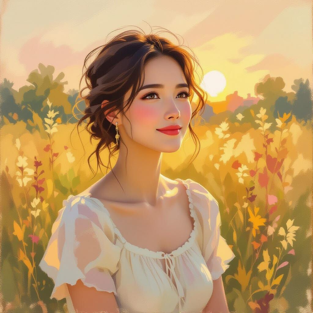 Joyful Woman in Golden Hour Light, Impressionist Style