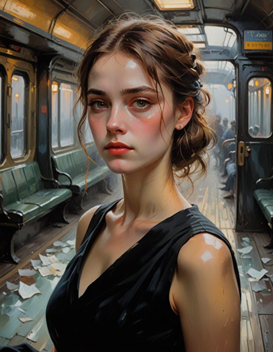 Impressionist Oil Painting of a Young Woman in a Foggy Train...