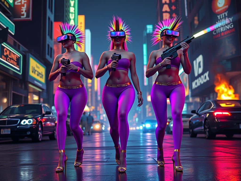 Cyberpunk Transgender Women in Neon Cityscape