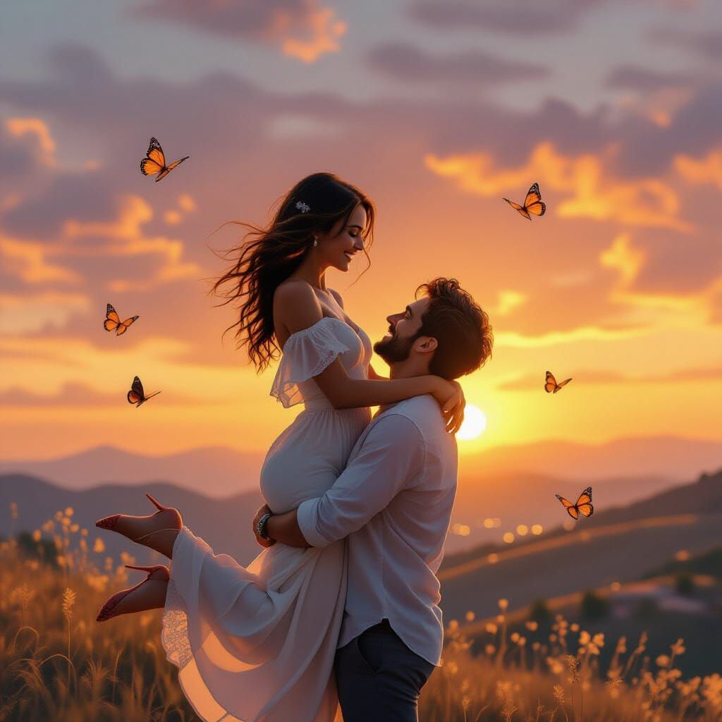 Romantic Couple Embraces During Golden Hour Sunset