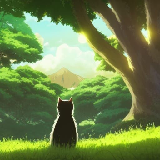 Whispering Cat in a Glowing Forest Landscape