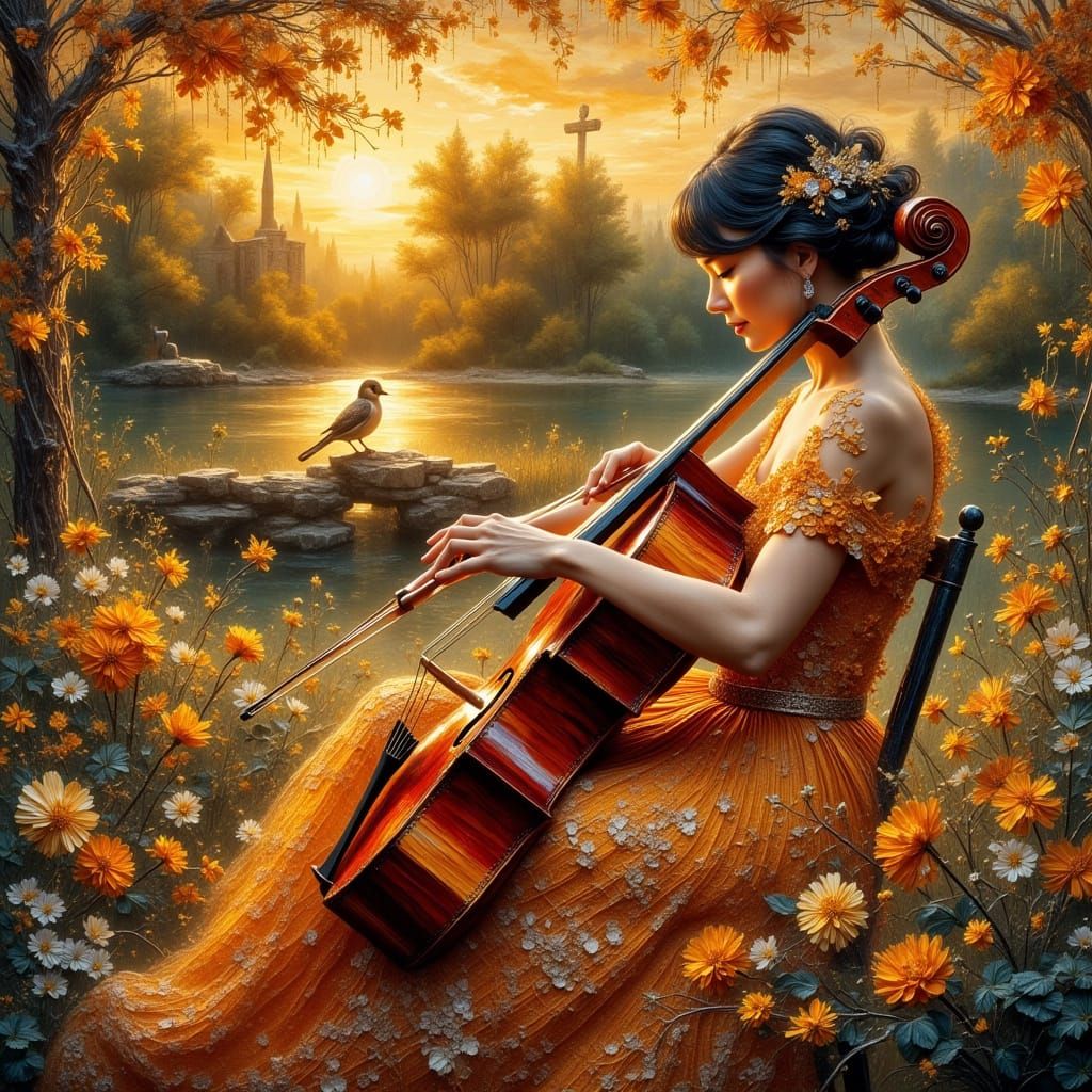 Beautiful Woman in Royal Dress Playing Cello