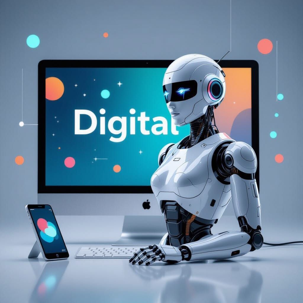 Robot Woman Poses Before Mac Screen Displaying "DIGITAL" in ...