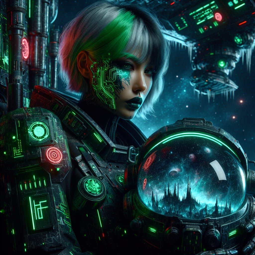 Cyberpunk Goddess Steers Mecha Under Starlit Skies