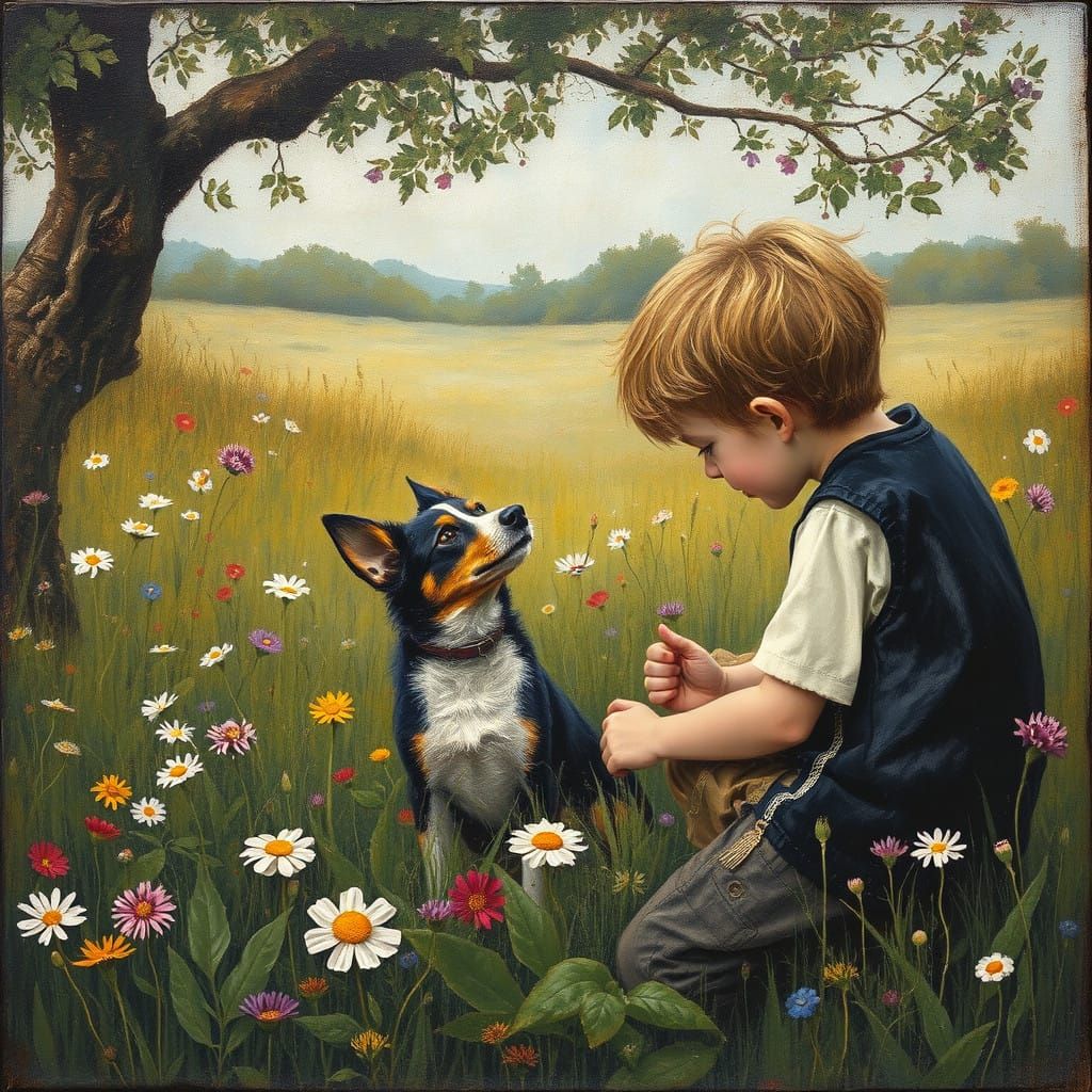 A Boy and His Loyal Dog in a Vibrant Wildflower Meadow