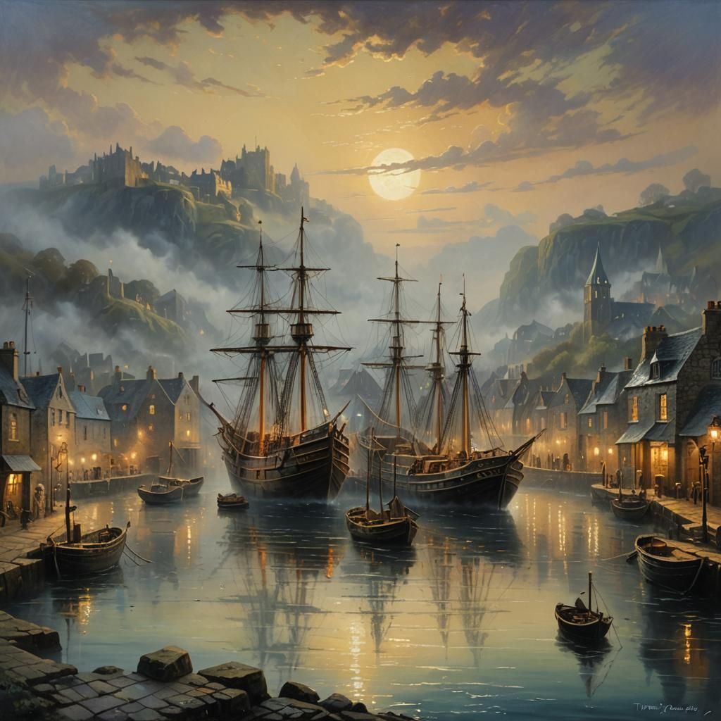 Ethereal Moonlit Harbor Oil Painting in England