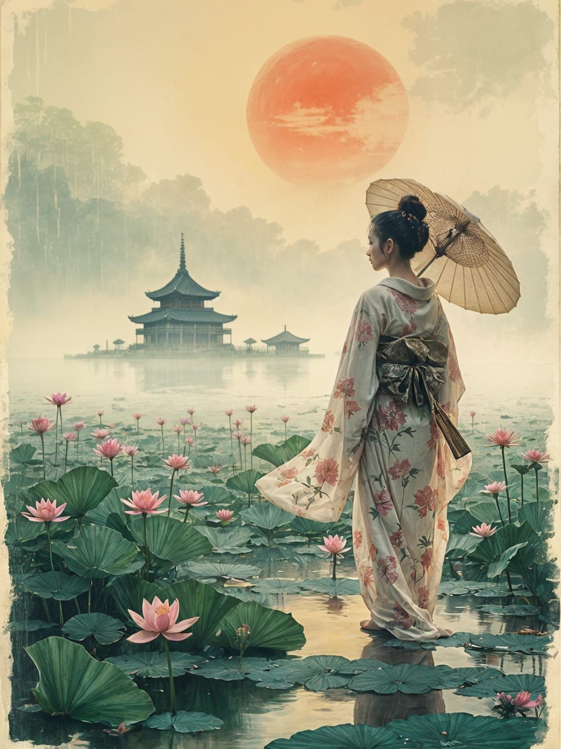 Geisha on Misty Lotus Lake in Japanese Woodblock Style