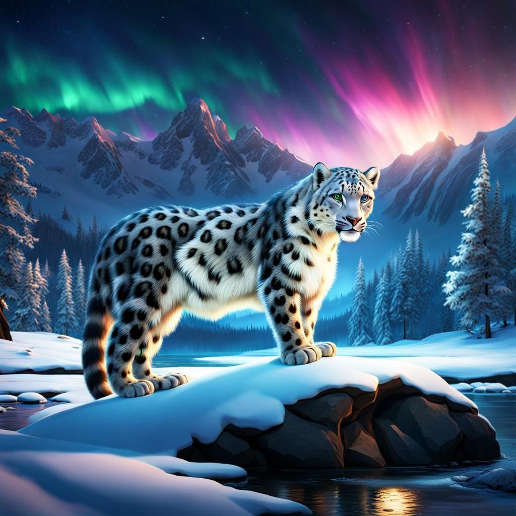 Snow Leopard Under Aurora Borealis: Digital Painting