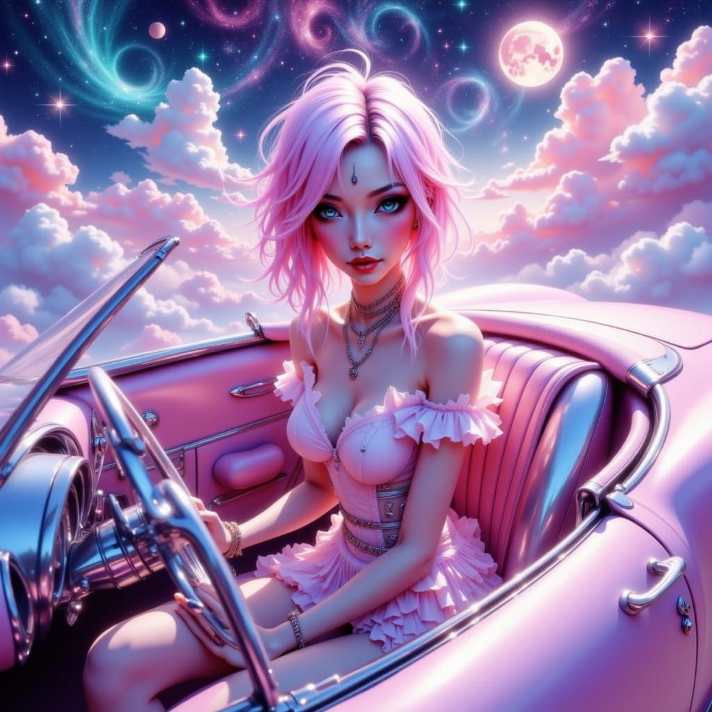 Woman in Cosmic Car in Photorealistic Style
