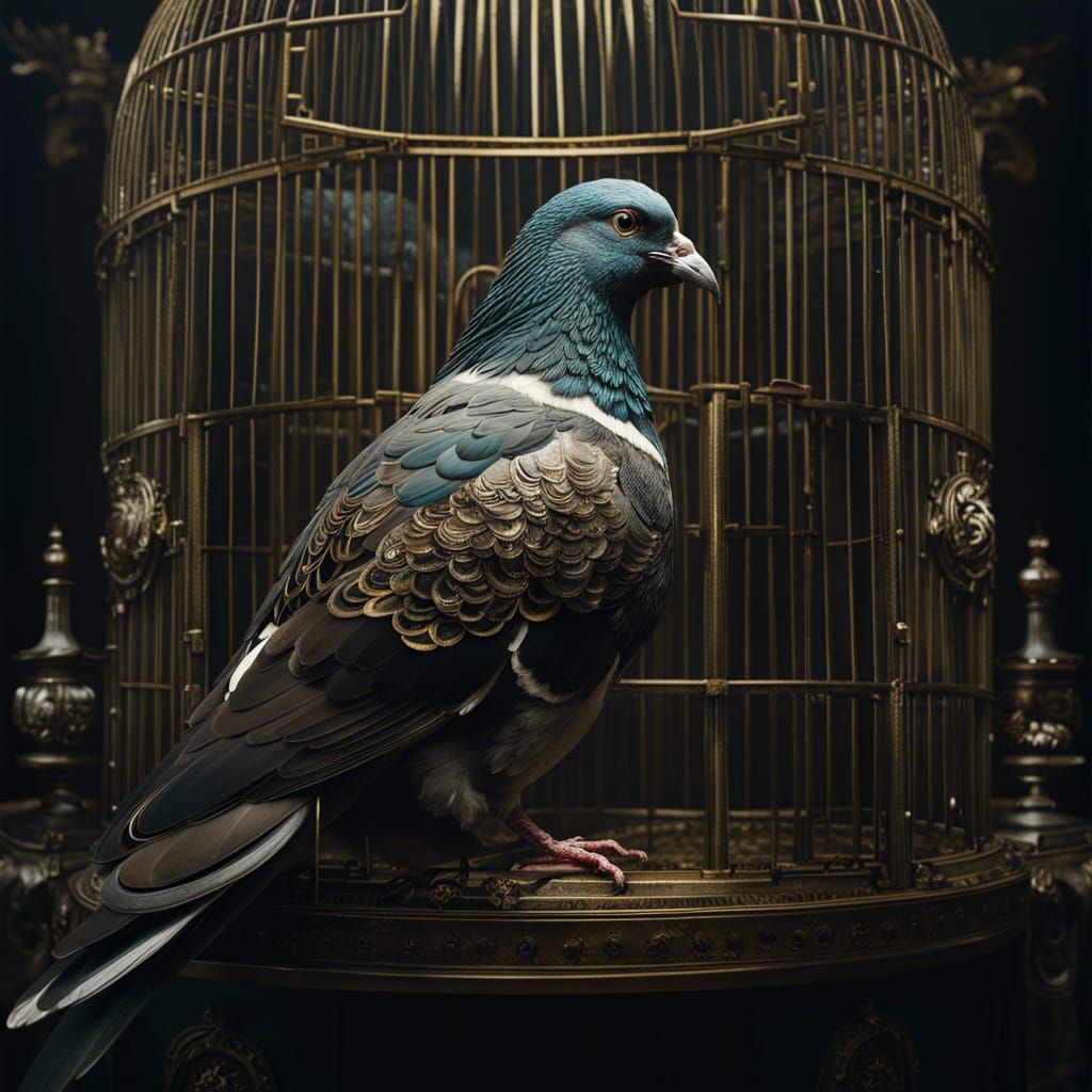 Ornate Pigeon in Cage: Hyperrealistic Still Life