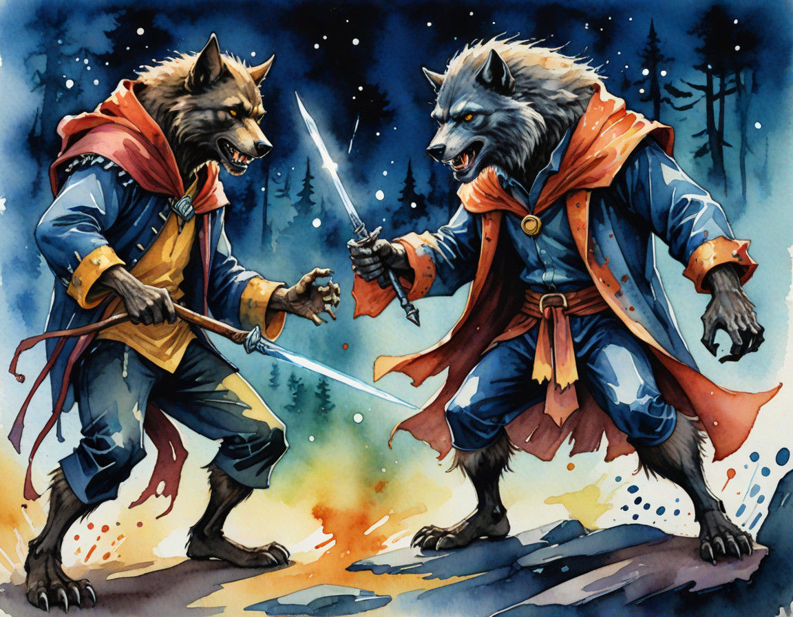 Magical Duel in Vibrant Watercolor