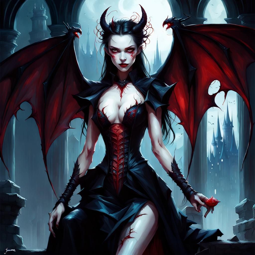 Vampire Queen with Tattered Wings in Dark Fantasy Style