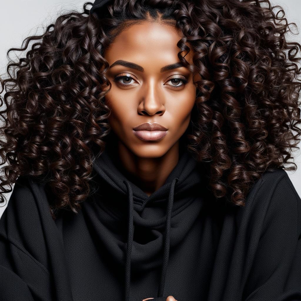 a black girl with dark brown curly hair in a black hoodie