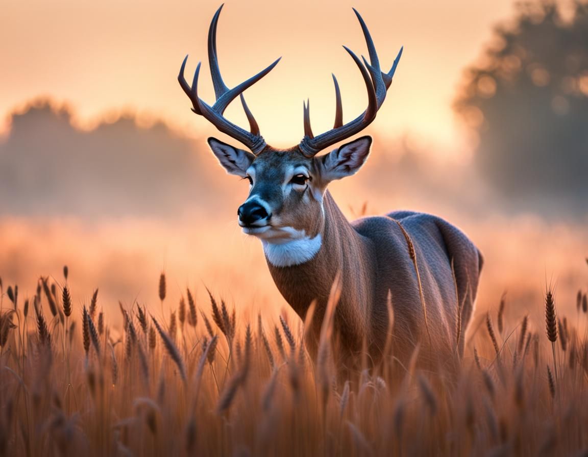 Whitetail Buck Snorting in Wheat Field, Hyperrealistic 3D Re...