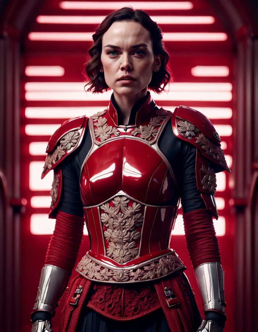 Daisy Ridley in Luxurious Red Armor