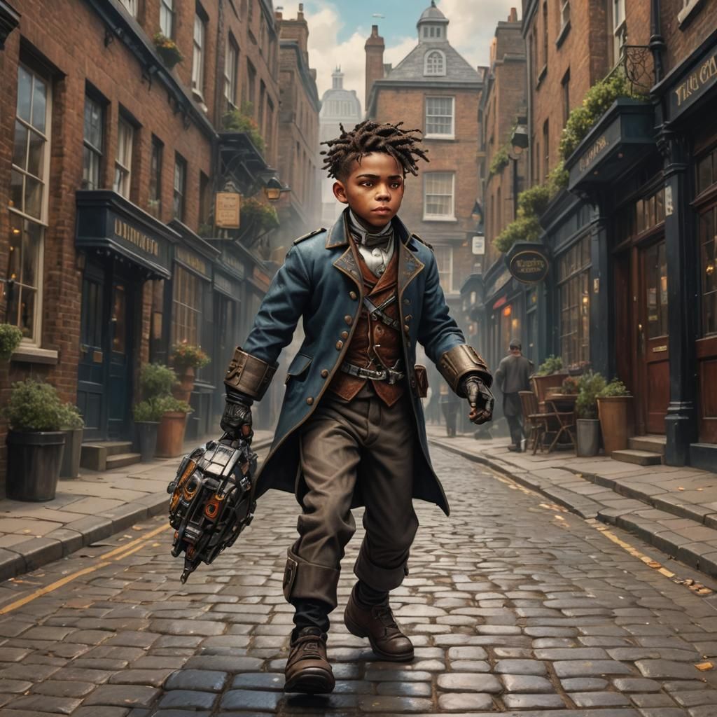 Cyborg Strides Through Victorian London: Hyperrealistic Art