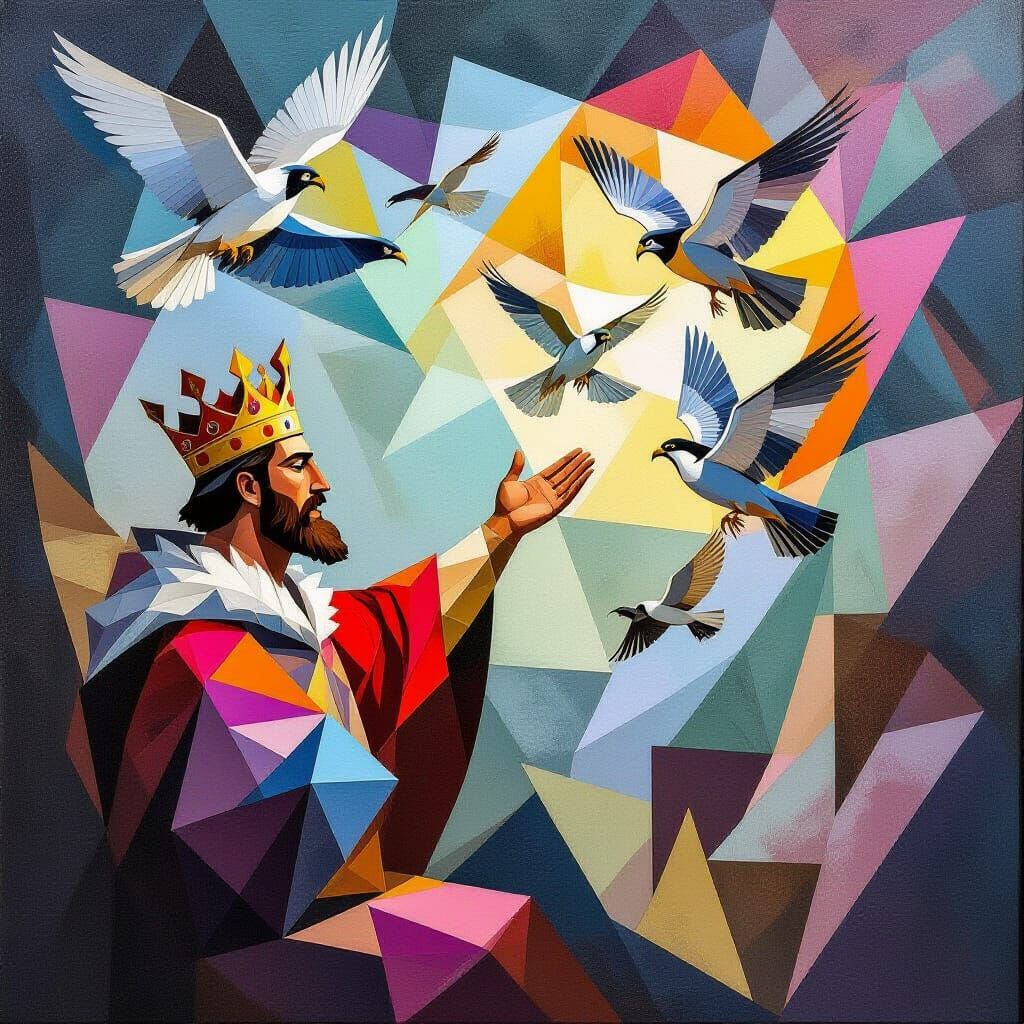 Regal King Frees Hawks in Fragmented Cubist Sky