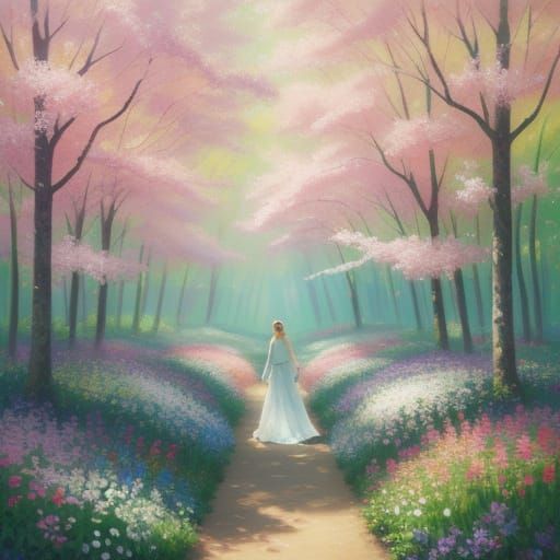 Person in Flower Forest Oil Painting