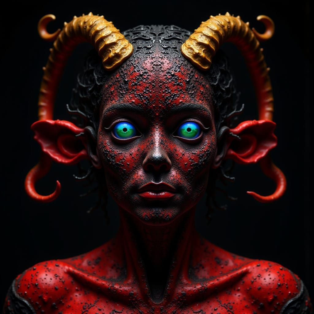 Surreal Bioluminescent Devil Face in Rorschach Style