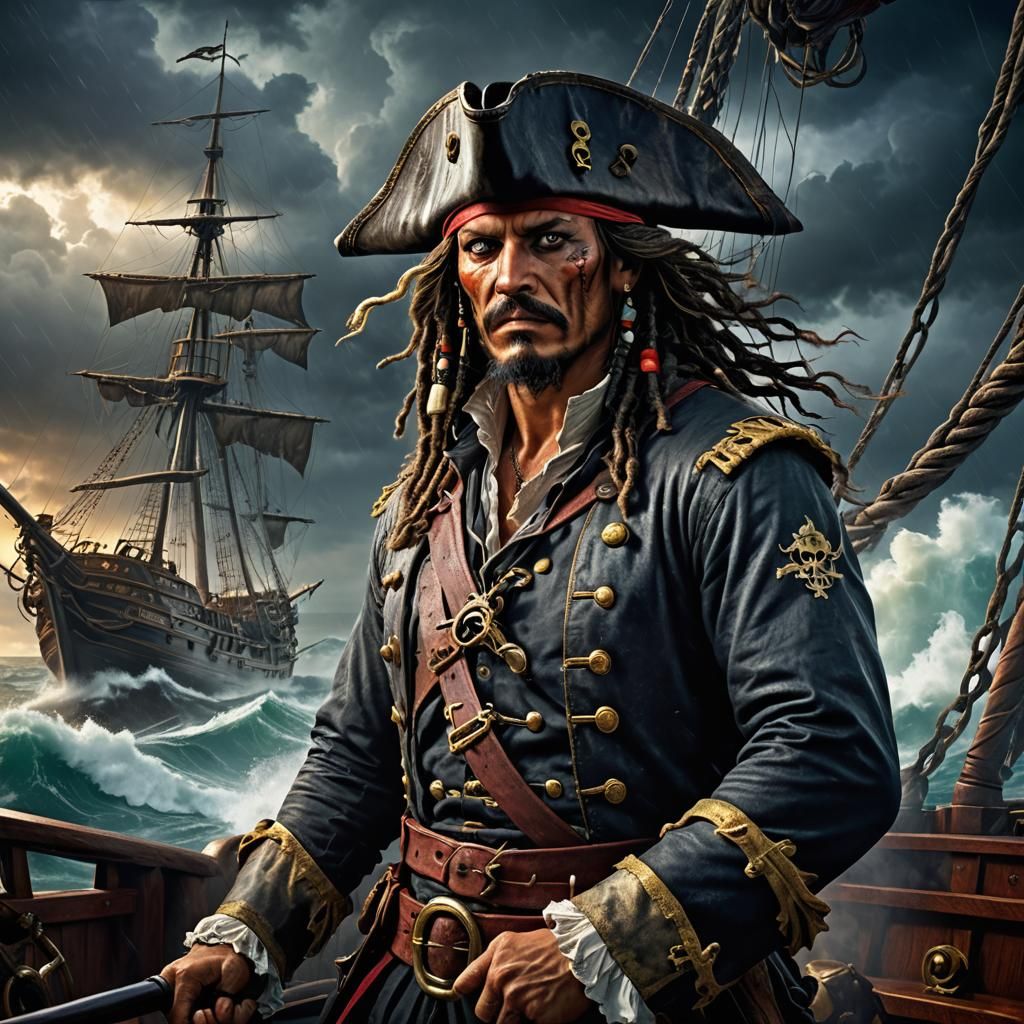 Fearsome Pirate Captain at Helm in Stormy Seas