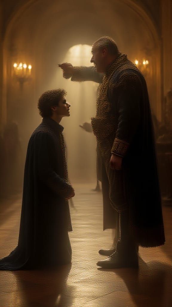 Young Prince Confronted by Fierce King in Palace Hall