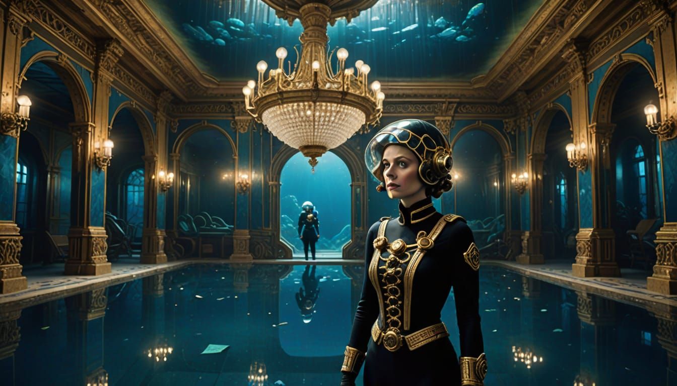 Female Adventurer Explores Sunken Art Deco Ballroom